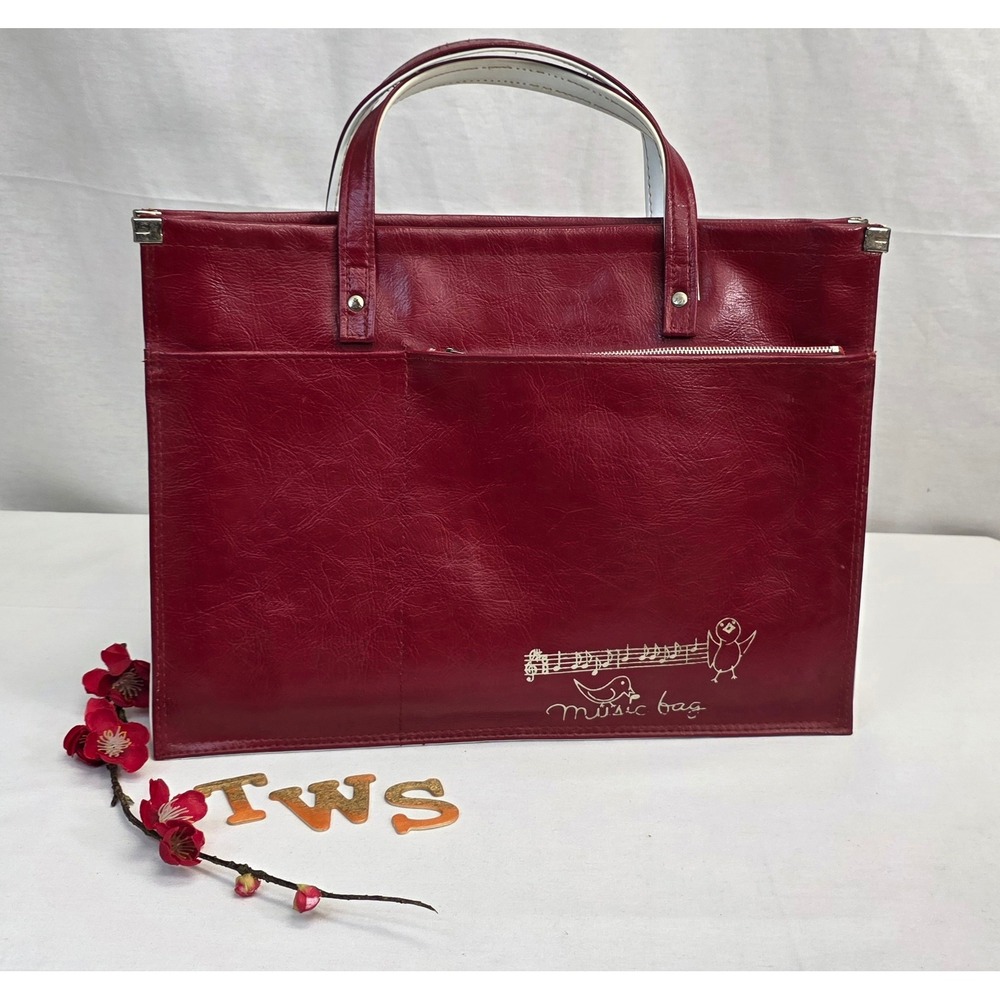 Vintage Yamaha Music Bag Burgundy Red Faux Leather Tote Zip Pocket Japan Logo